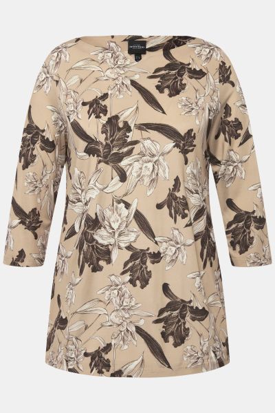 Floral Stretch Flit Wide Neck 3/4 Sleeve Blouse