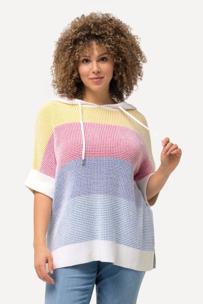 Block Stripe Hooded Short Sleeve Sweater