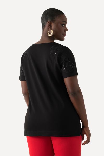 Sequin Embroidered Short Sleeve V-Neck Tee