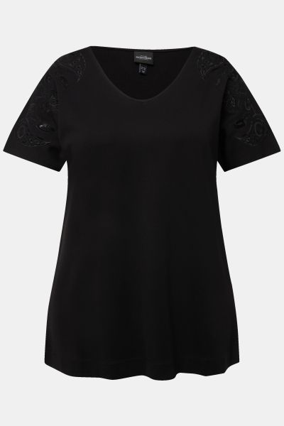 Sequin Embroidered Short Sleeve V-Neck Tee