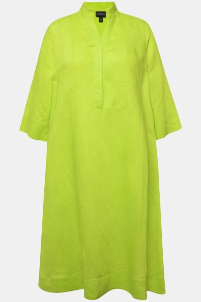 Linen Blend Flared 3/4 Sleeve Midi Dress