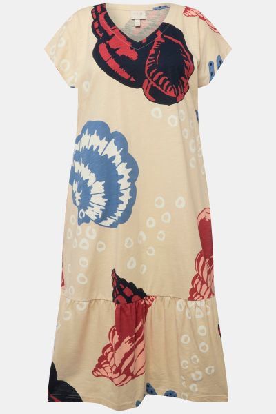 Eco Cotton Seashell Print Cap Sleeve Flounce Dress