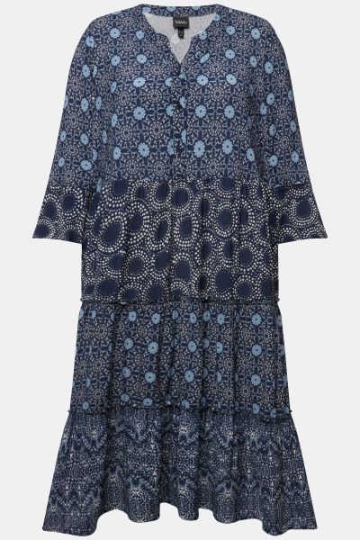Tiered Mixed Pattern 3/4 Sleeve Dress