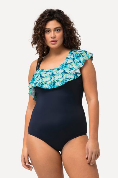 Asymmetric Ruffle Shoulder Swimsuit