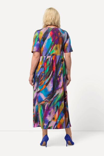 Artistic Swirl Print Empire Stretch Knit V-Neck Pocket Dress