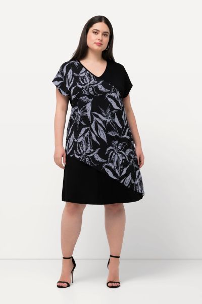 Mixed Leaf Print Short Sleeve Midi Dress