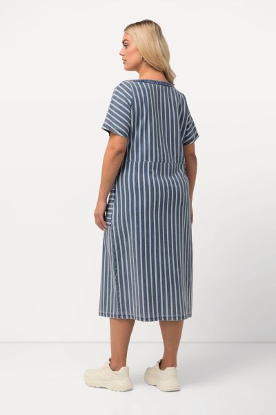 Striped Indigo-Dyed Short Sleeve Sweatshirt Dress