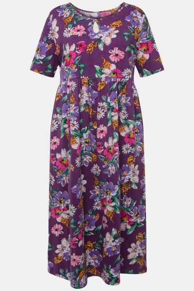 Floral Print Empire Knit Short Sleeve Pocket Dress