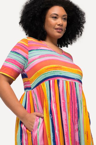 Rainbow Stripe Short Sleeve Pocket Empire Knit Dress
