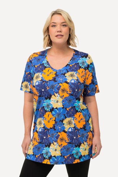 Abstract Floral Short Sleeve Swing Knit Tunic