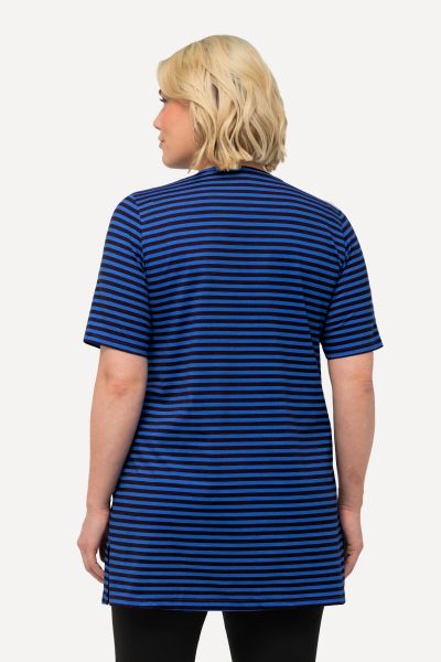 Stripe Print V-Neck Short Sleeve Swing Knit Tunic