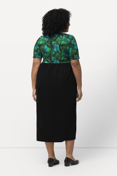 Palm Leaf Top Print Empire A-line Pocket Knit Dress