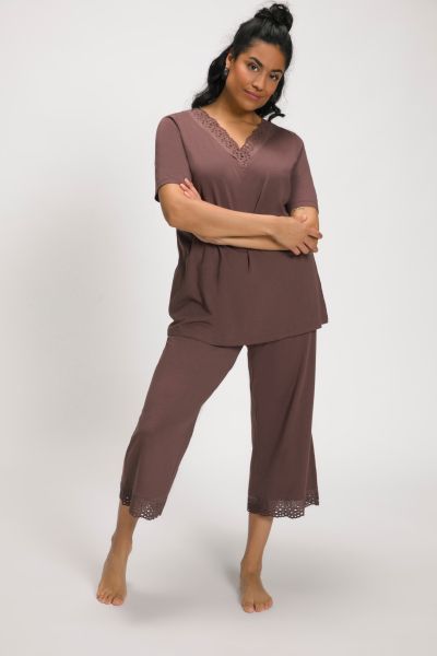 Eyelet Trim V-Neck Super Soft Cotton Blend Pajama Set