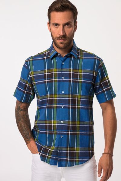 Linen blend check shirt, short sleeve, Kent collar, modern fit, up to 8 XL