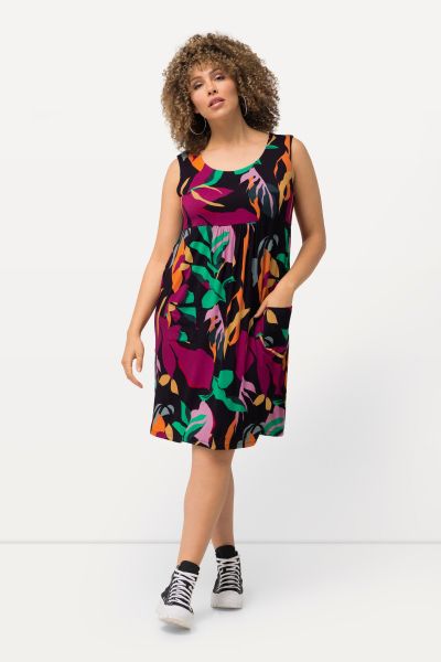 Colorful Leaf Print Sleeveless Jersey Dress