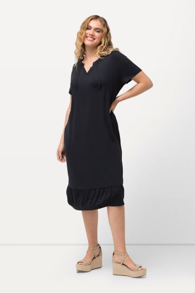 A-Line Split Neck Short Sleeve Midi Dress