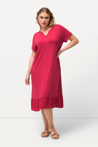A-Line Split Neck Short Sleeve Midi Dress