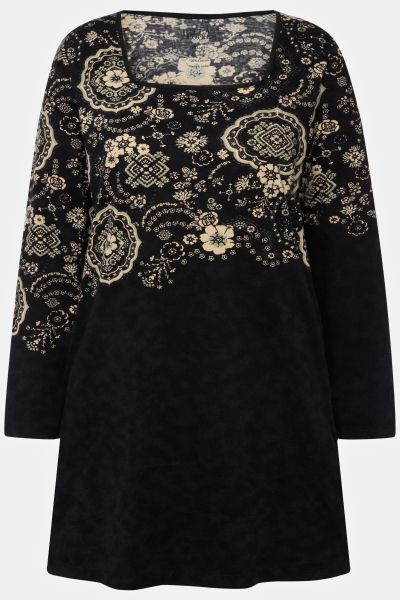 Square Neck Placement Print Long Sleeve Knit Tunic
