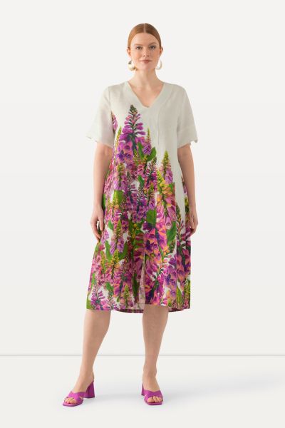 Linen Foxglove Print Dress