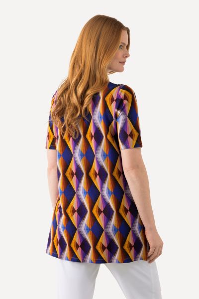 Geometric Print Short Sleeve Slinky Top