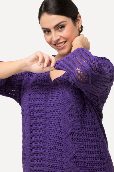 Openwork Knit 3/4 Sleeve Sweater