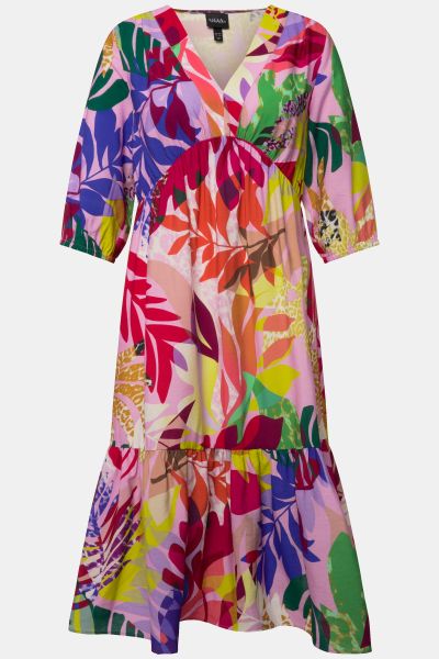 Tropical Leaf Print Balloon Sleeve Dress