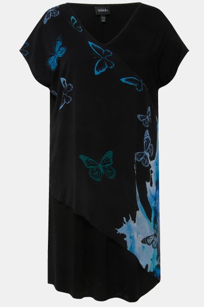 Butterfly Print Layered Chiffon Dress