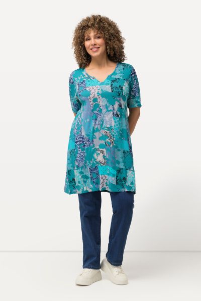 Floral Patch Print Short Sleeve Knit Tunic