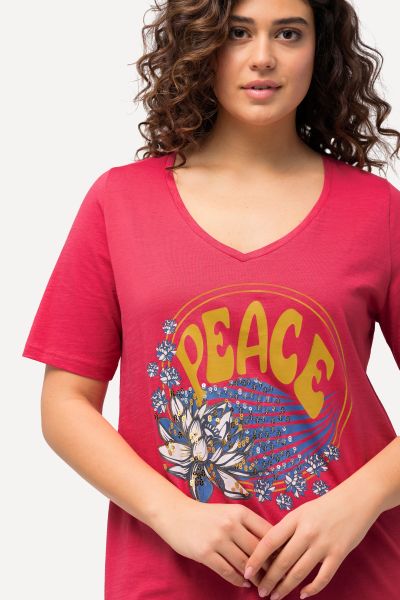 PEACE Sequined Short Sleeve V-Neck Tee