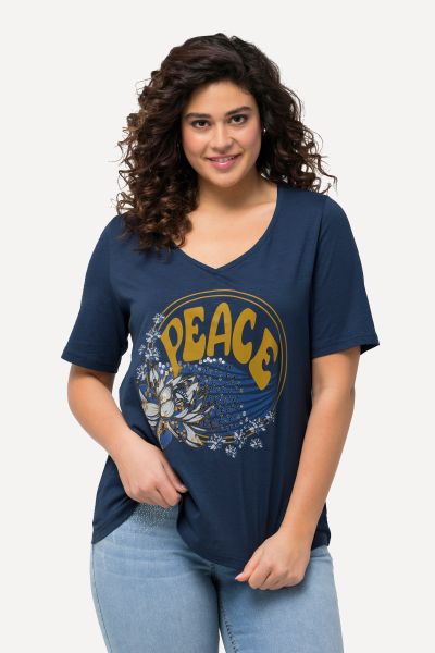 PEACE Sequined Short Sleeve V-Neck Tee