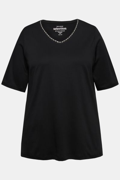 Pima Cotton A-line Embroidered V-Neck Short Sleeve Tee