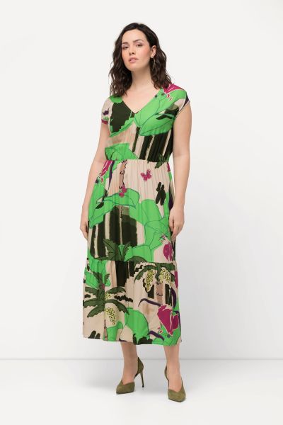 Tropical Leaf Print Cap Sleeve Dress