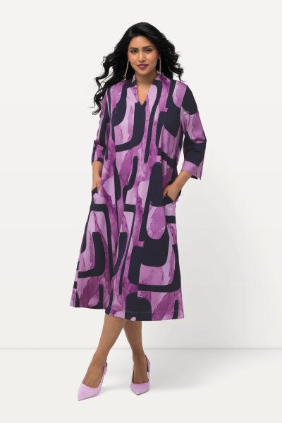 Retro Print 3/4 Sleeve Goblet Collar Dress