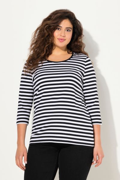 Striped 3/4 Sleeve Ribbed Jersey Tee