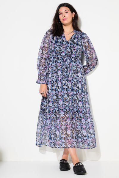 Ikat Print Layered Chiffon Maxi Dress