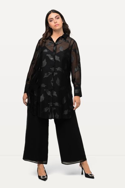 Metallic Jacquard Feather Chiffon Button Front Tunic Blouse