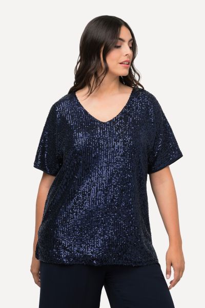 Sequined Short Sleeve V-Neck Tee