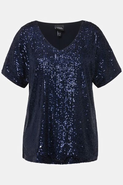 Sequined Short Sleeve V-Neck Tee