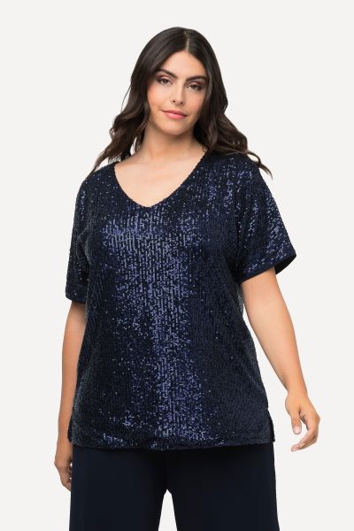 Sequined Short Sleeve V-Neck Tee