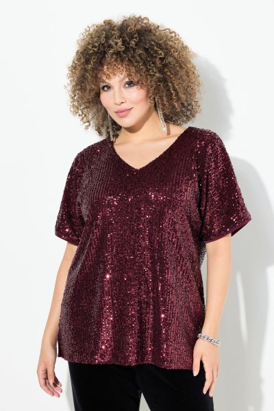 Sequined Short Sleeve V-Neck Tee