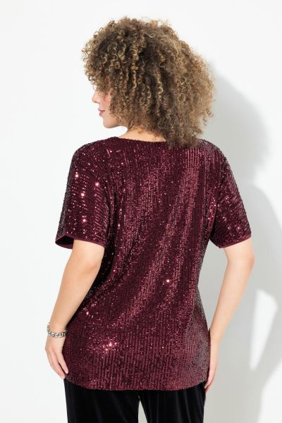 Sequined Short Sleeve V-Neck Tee