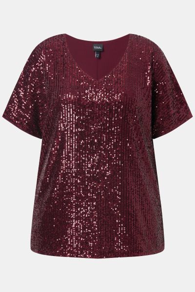 Sequined Short Sleeve V-Neck Tee