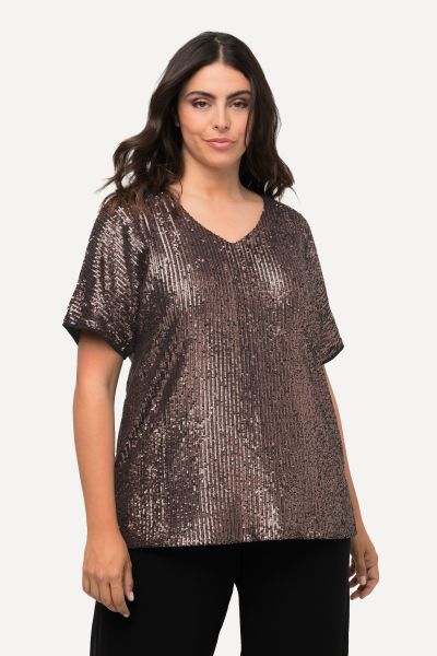 Sequined Short Sleeve V-Neck Tee