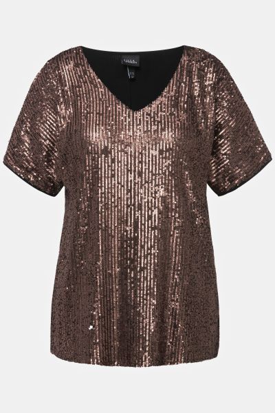 Sequined Short Sleeve V-Neck Tee