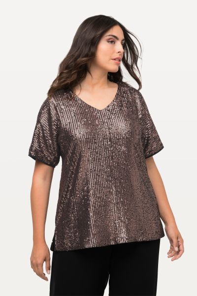 Sequined Short Sleeve V-Neck Tee