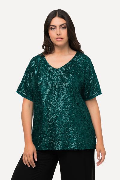 Sequined Short Sleeve V-Neck Tee