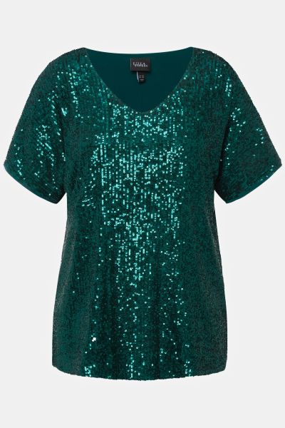 Sequined Short Sleeve V-Neck Tee