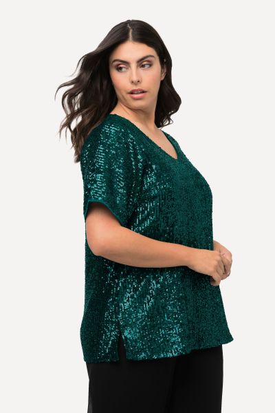 Sequined Short Sleeve V-Neck Tee