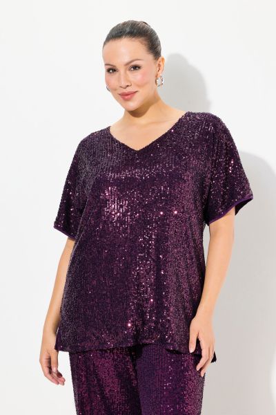 Sequined Short Sleeve V-Neck Tee