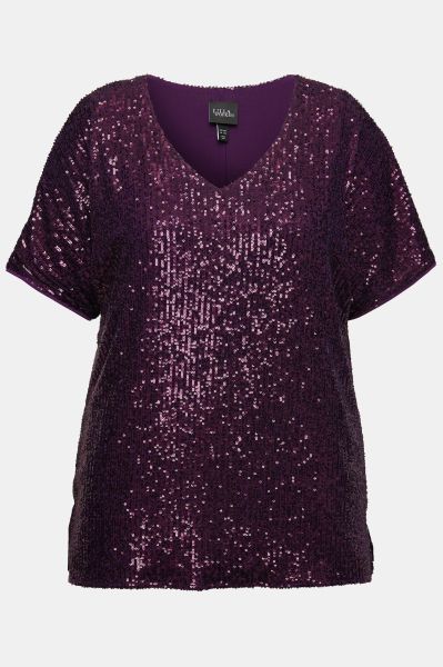 Sequined Short Sleeve V-Neck Tee